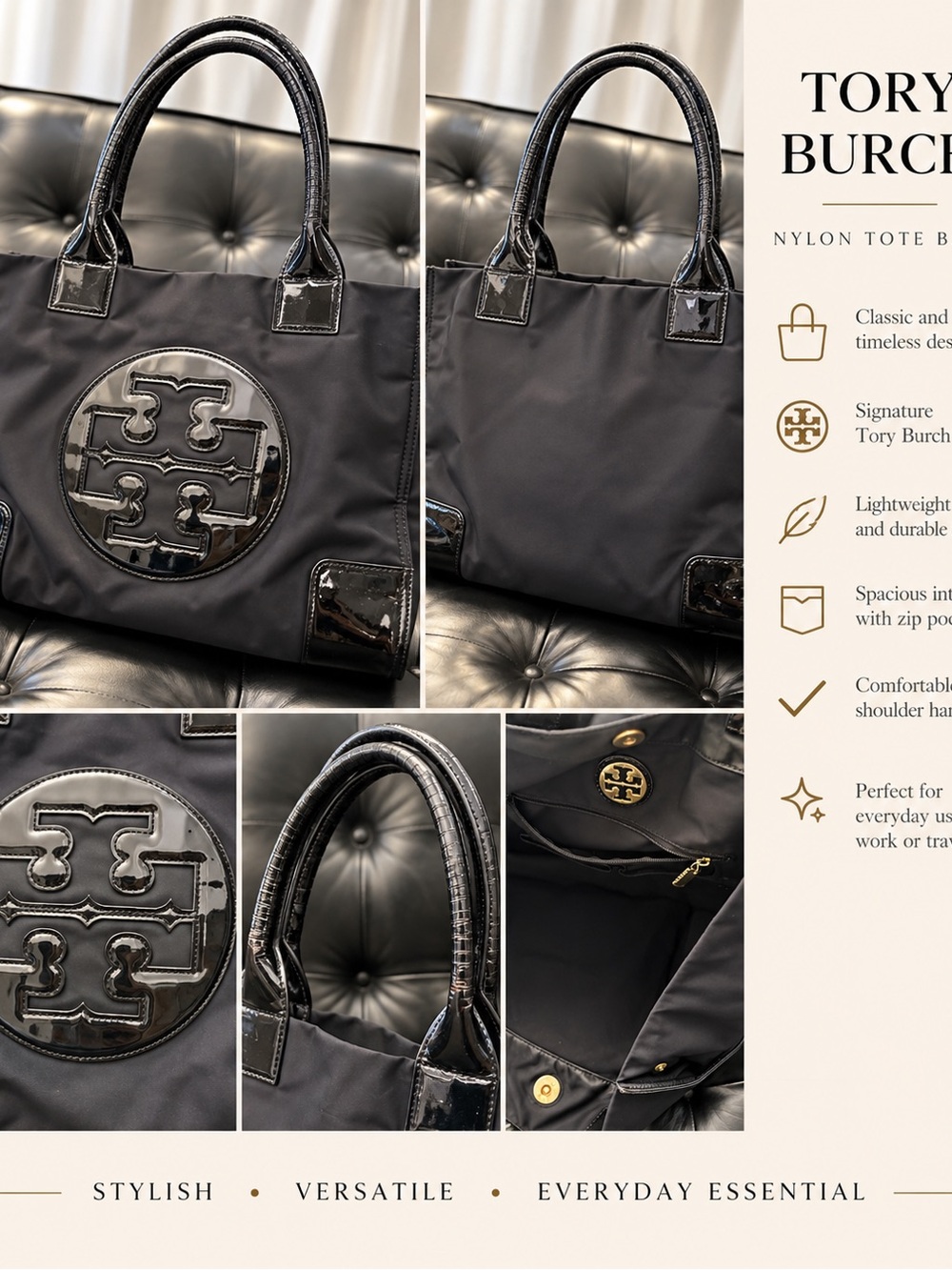 Tory Burch Black Nylon Tote with Patent Trim